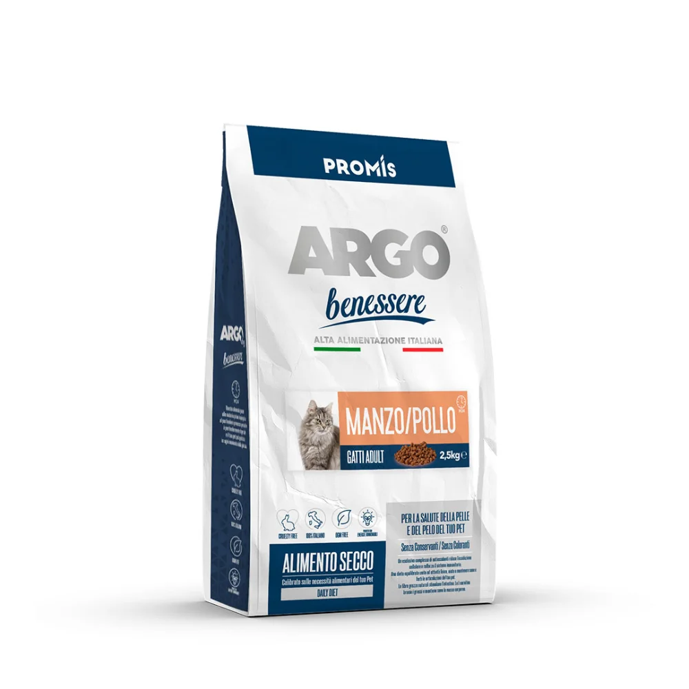 Premium - Суха храна Argo Benessere Adult Manzo E Pollo за котки с говеждо и пилешко, 2,5кг.