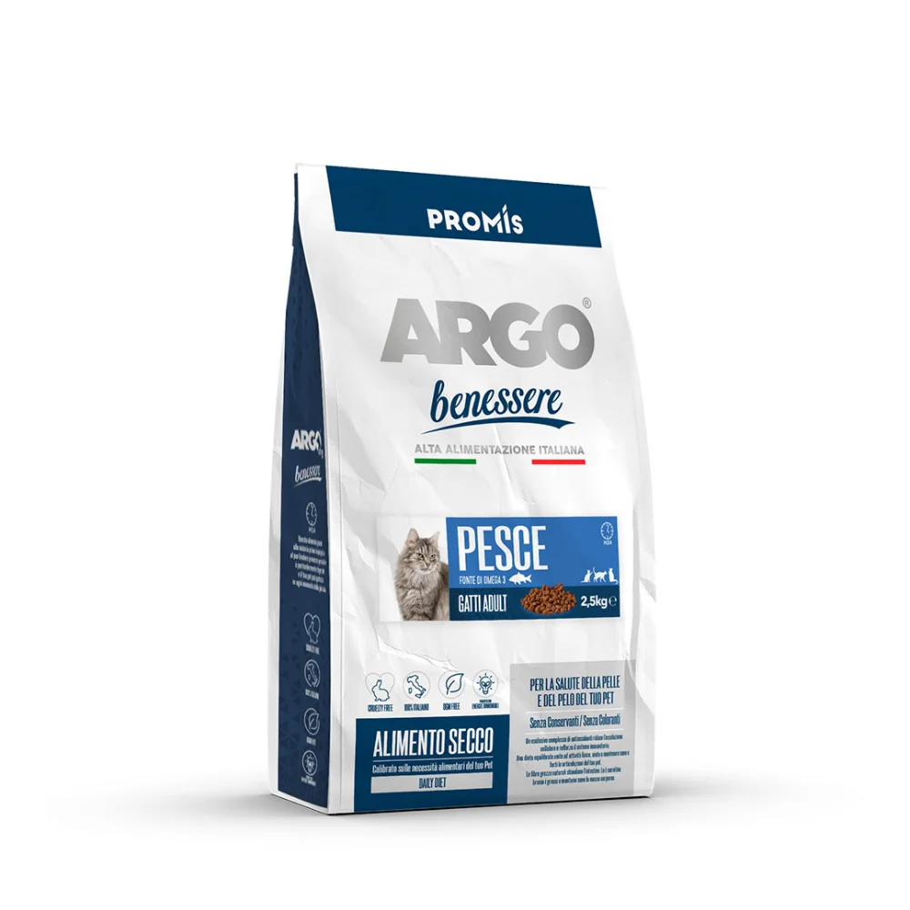 Premium - Суха храна Argo Benessere Adult Pesce за капризни котки с риба, 2,5кг.