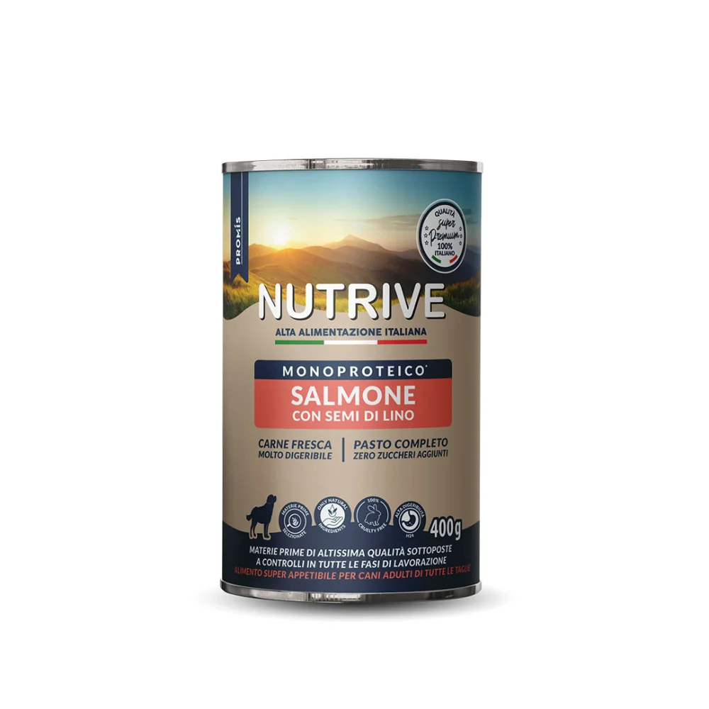 Super Premium - Консерва Salmone Con Semi Di Lino за кучета от всички породи със сьомга и ленено семе, 400гр.