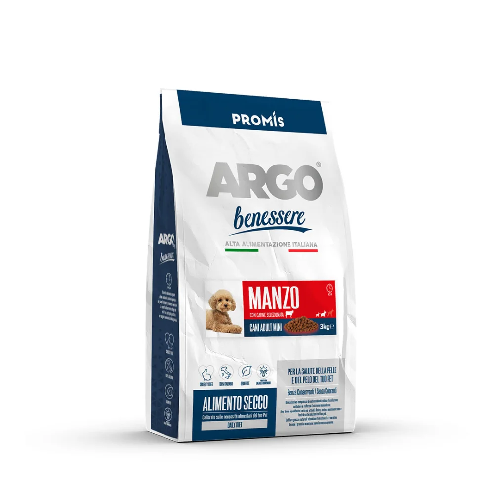 Premium - Суха храна Argo Benessere Mini Manzo за кучета от мини породи с говеждо, 3кг.