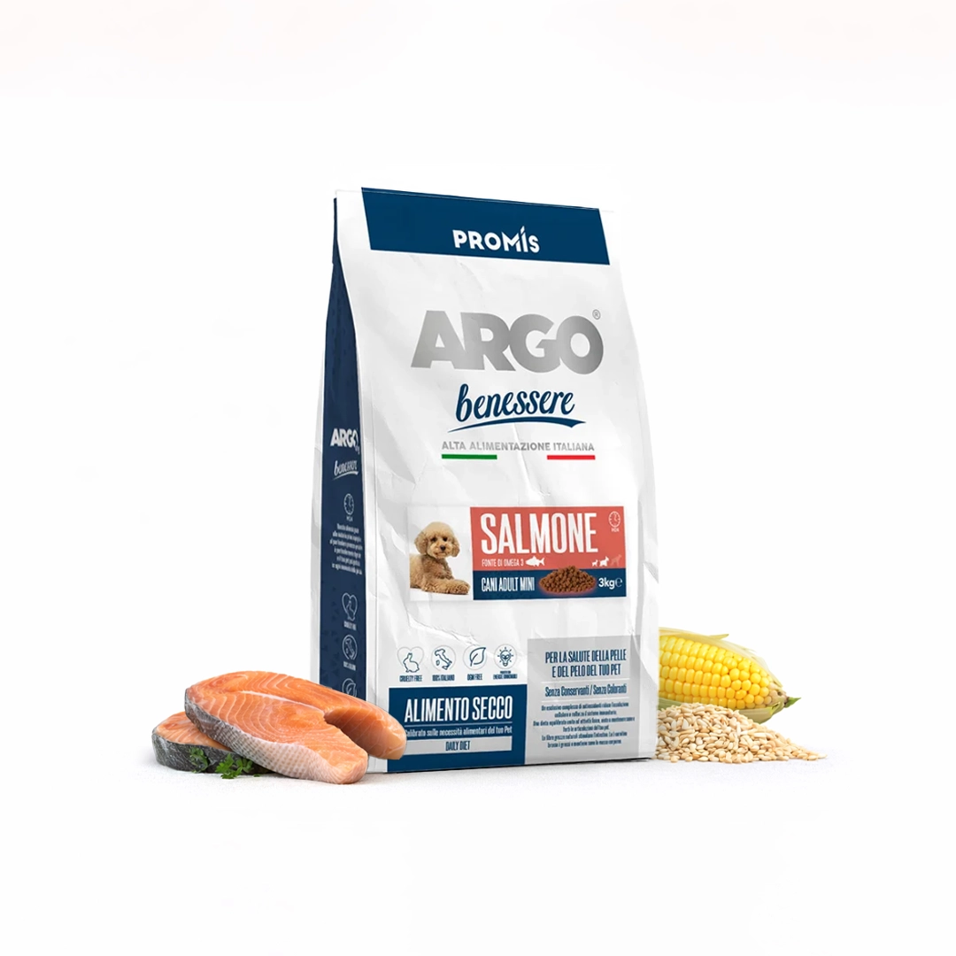 Premium - Суха храна Argo Benessere Mini Salmone за кучета от мини породи със сьомга, 3кг.