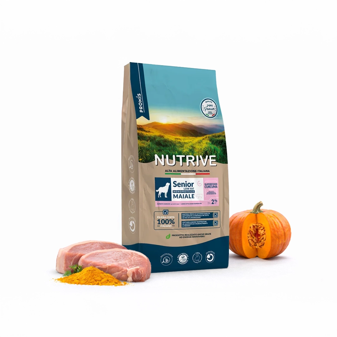 Super Premium - Senior Low Fat Maiale - монопротеинова храна с ниско съдържание на мазнини за възрастни кучета с хранителни непоносимости със свинско и ориз, 2кг.