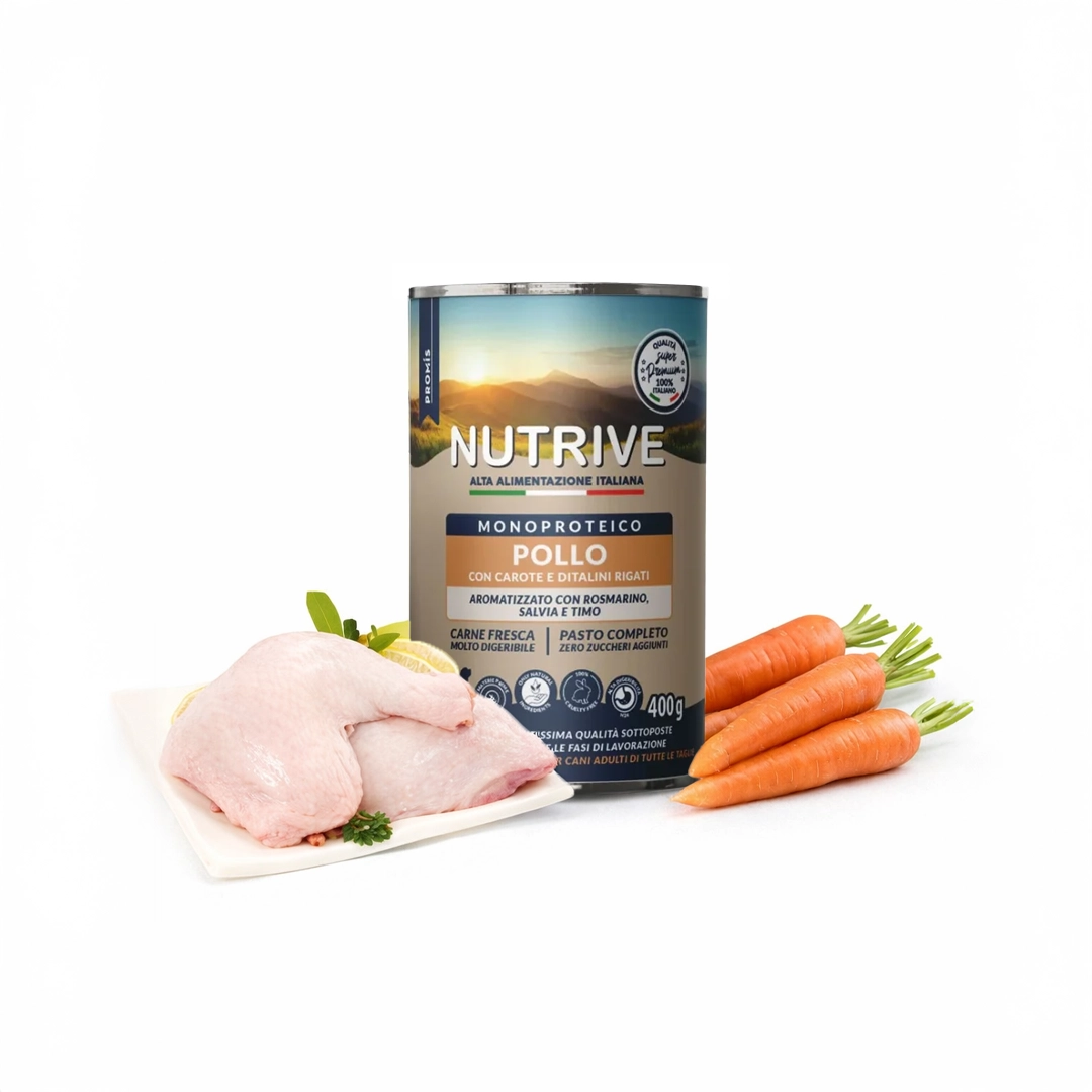 Super Premium - Консерва Pollo Carote e Ditalini за кучета от всички породи с пиле, моркови и диталини ригати, 400гр.