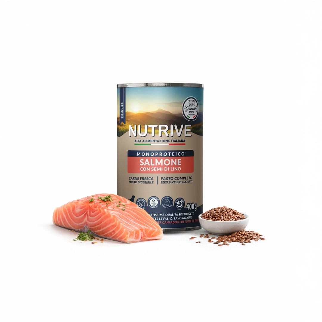 Super Premium - Консерва Salmone Con Semi Di Lino за кучета от всички породи със сьомга и ленено семе, 400гр.