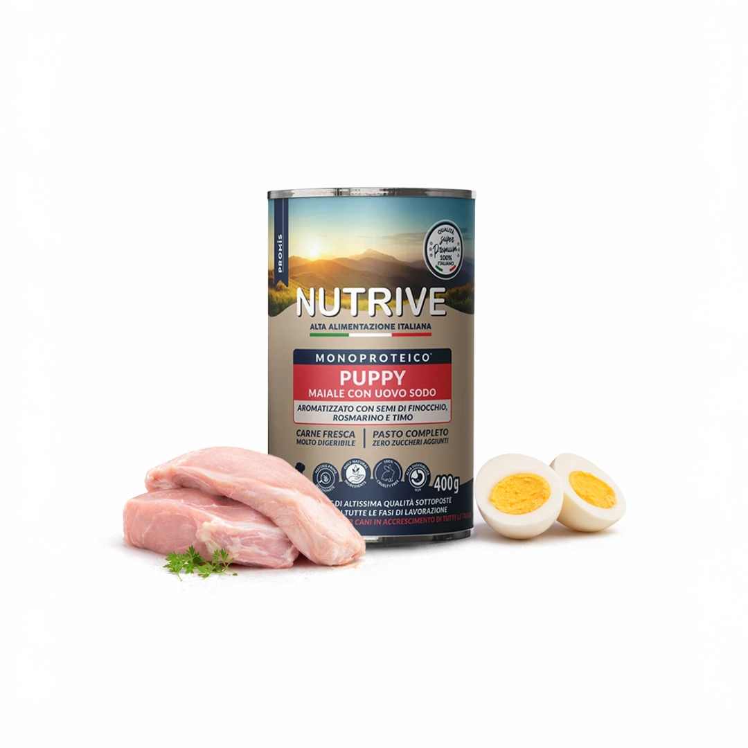 Super Premium - Консерва Puppy Maiale Con Uovo Sodo за подрастващи кучета от всички породи със свинско и сварено яйце, 400гр.