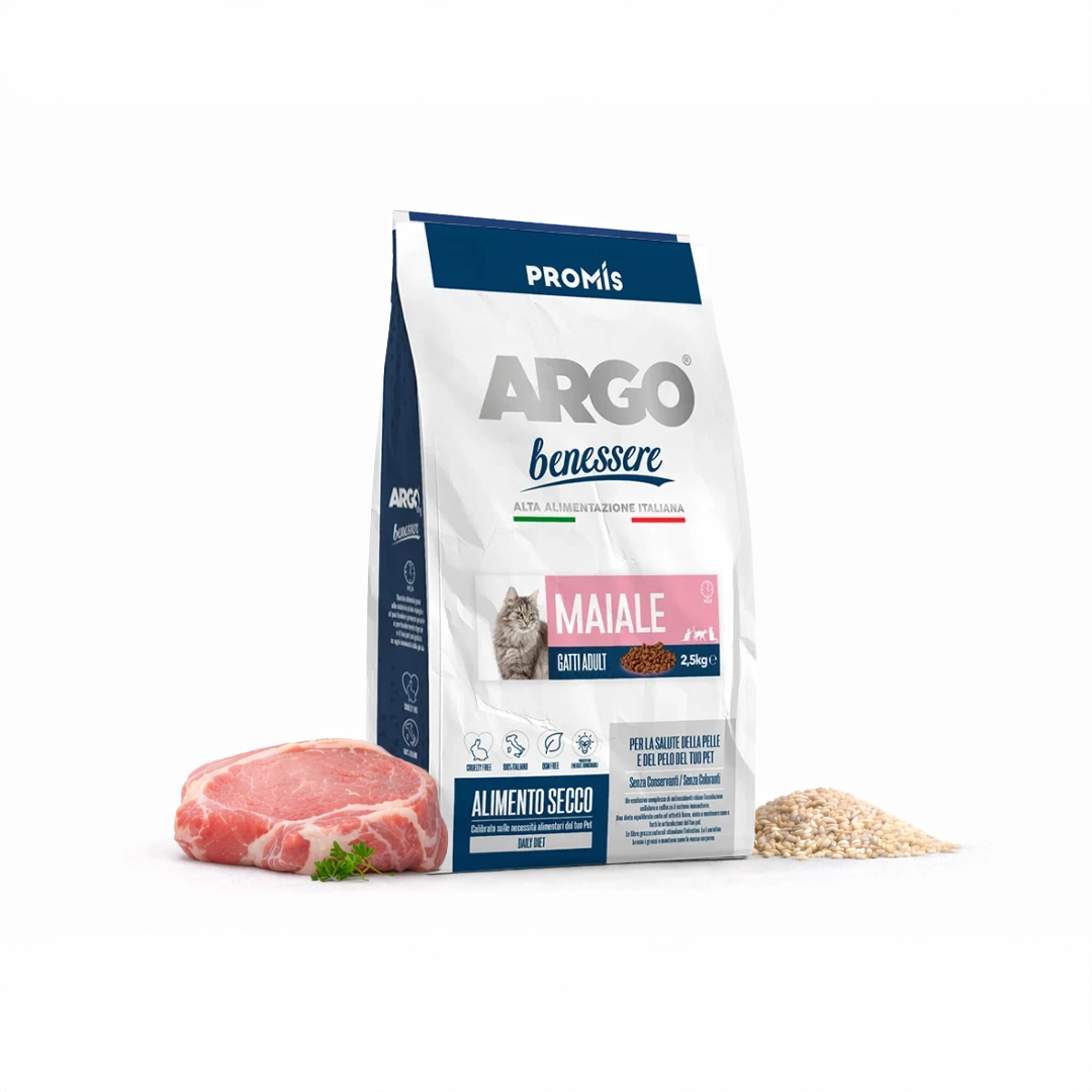 Premium - Суха храна Argo Benessere Adult Maiale за котки със свинско, 2,5кг.