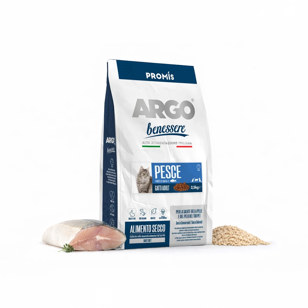 Premium - Суха храна Argo Benessere Adult Pesce за капризни котки с риба, 2,5кг.