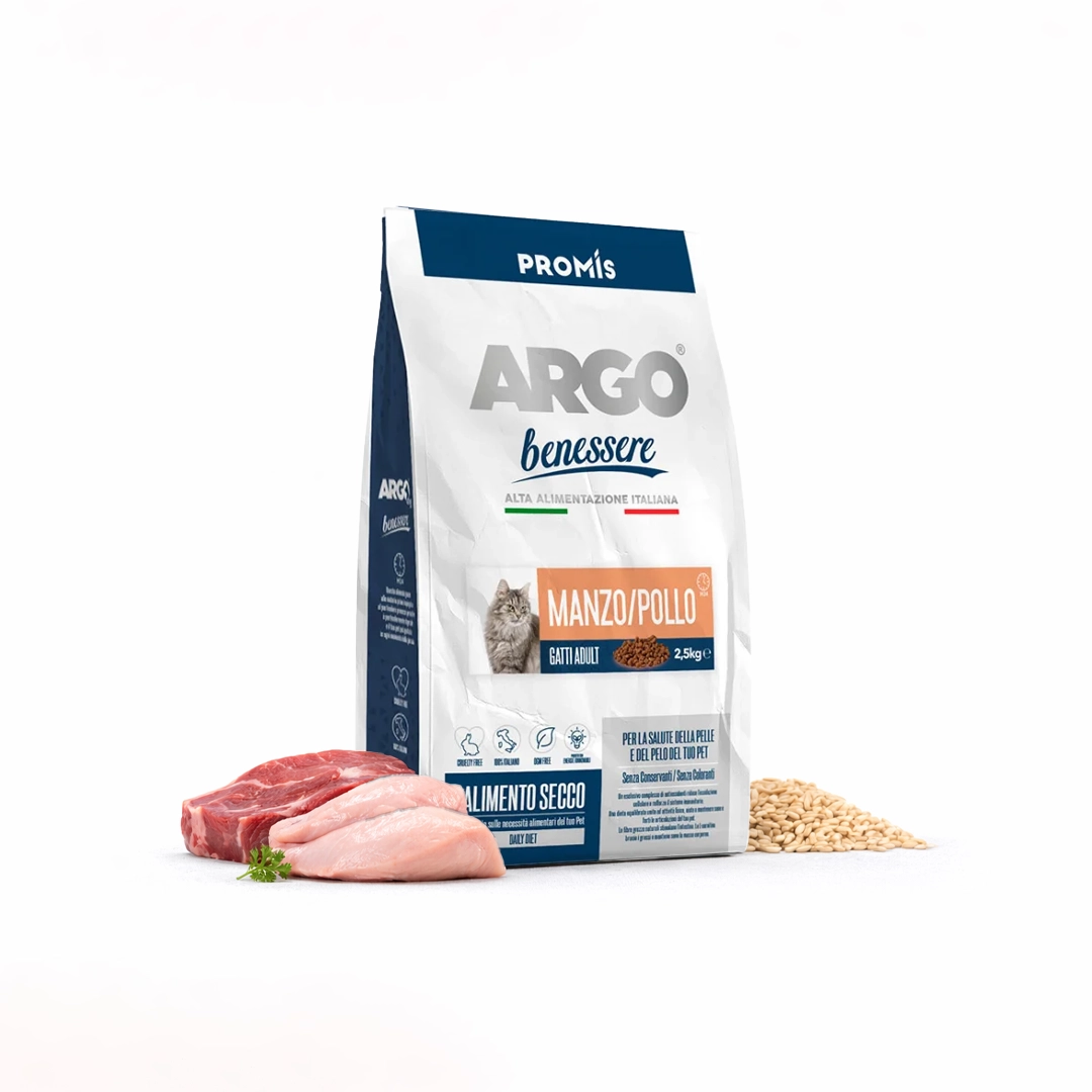 Premium - Суха храна Argo Benessere Adult Manzo E Pollo за котки с говеждо и пилешко, 2,5кг.