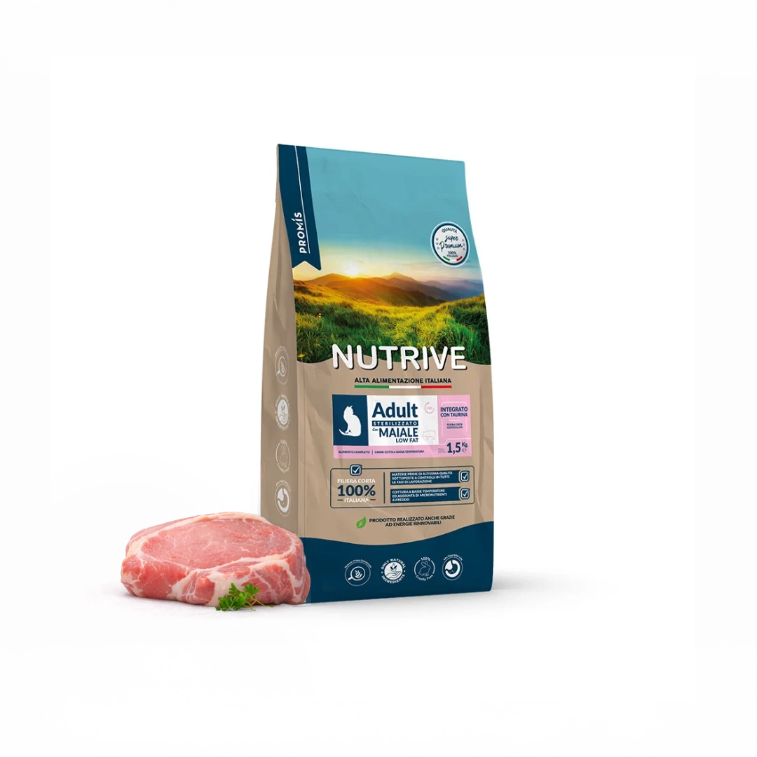 Super Premium - Суха храна със свинско Sterilizzato Maiale Low Fat за кастрирани котки, 1,5кг.  