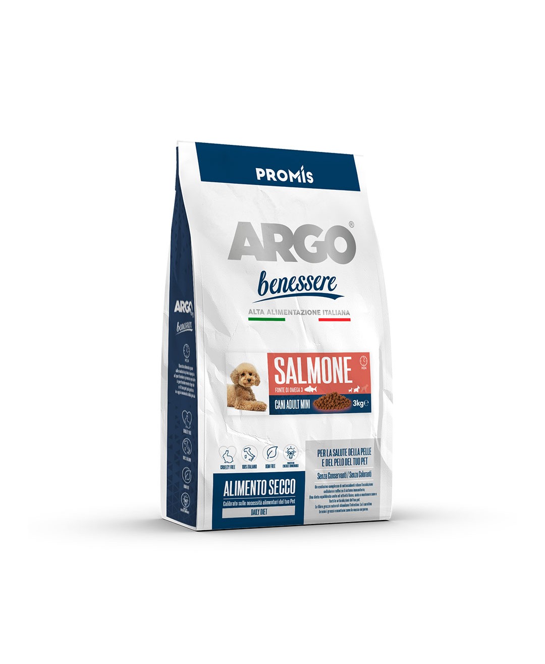Premium - Суха храна Argo Benessere Mini Salmone за кучета от мини породи със сьомга, 3кг.