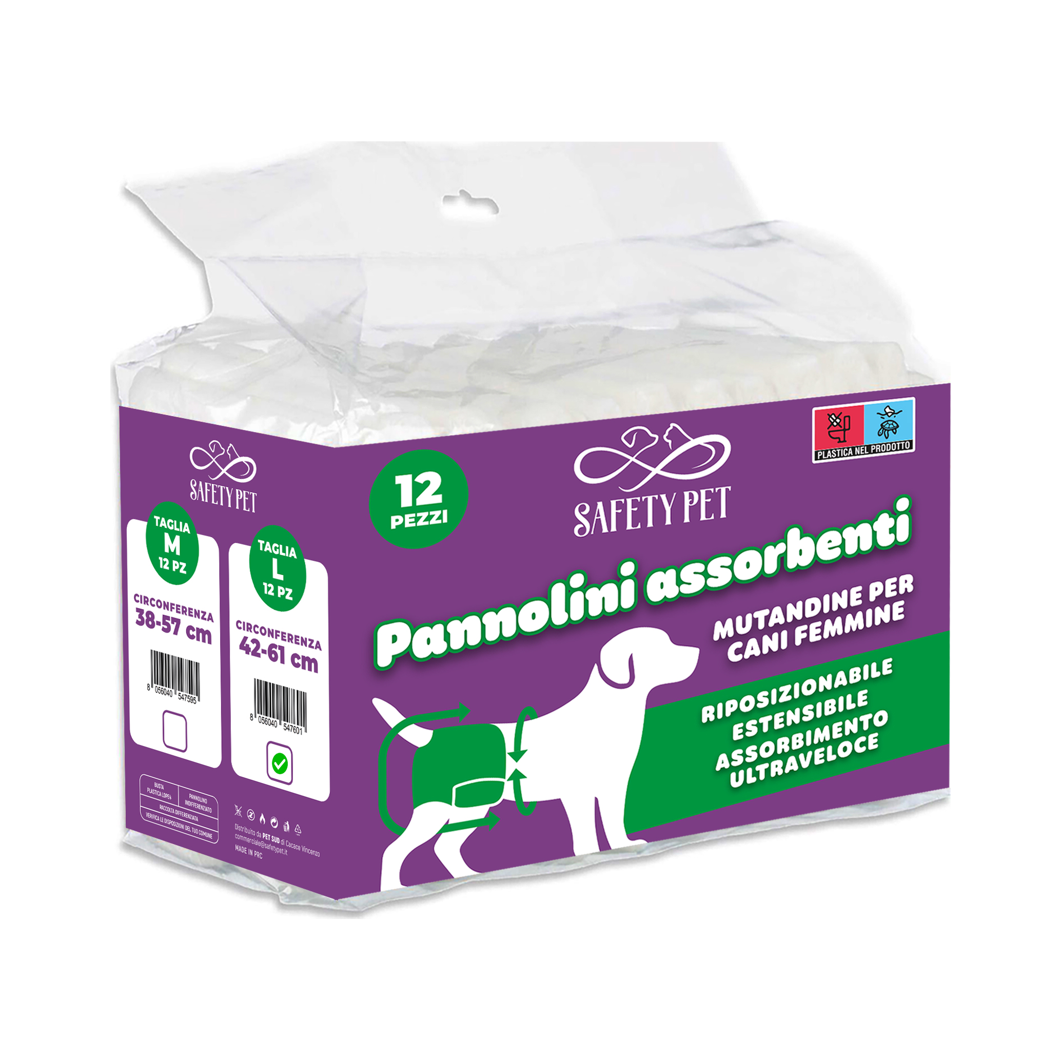 Safety Pet абсорбиращи памперси за кучета L 12 бр., обиколка на талията 42–61 см.