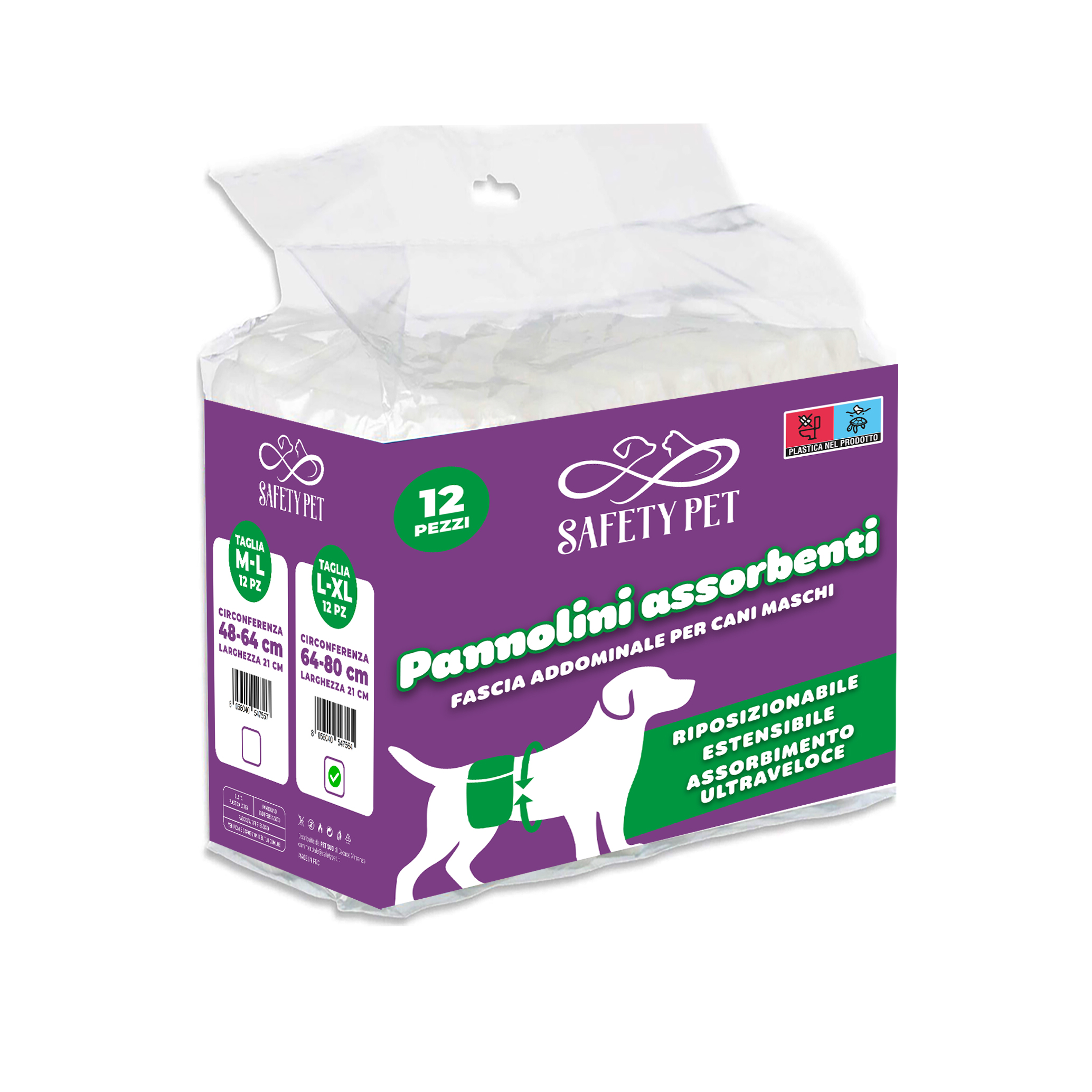 Safety Pet памперси за мъжки кучета L-XL 12 бр., обиколка на талията 64–80 см.