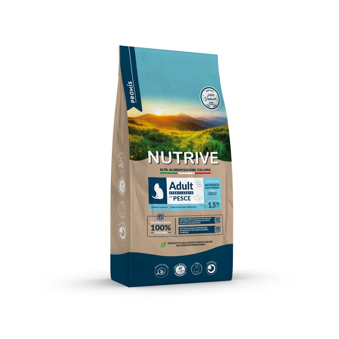 Super Premium - Суха храна Nutrive Sterilizzato Pesce за кастрирани котки с риба, 1,5кг.