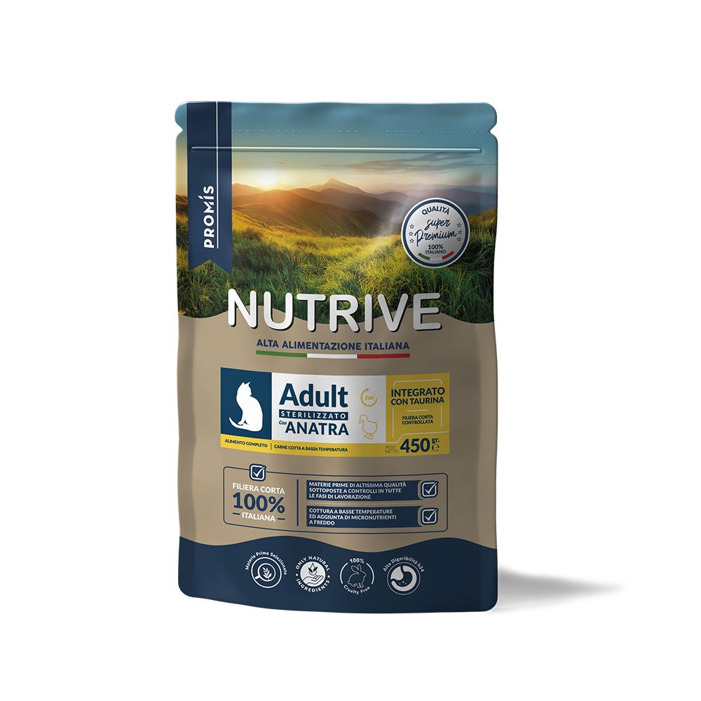 Super Premium - Суха храна Nutrive Sterilizzato Anatra за кастрирани котки с патица, 450гр.